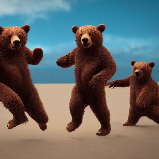 Image similar to Bears dancing at a party at the beach, cinematic, atmospheric, 8k resolution, ArtStation, Hyperrealistic