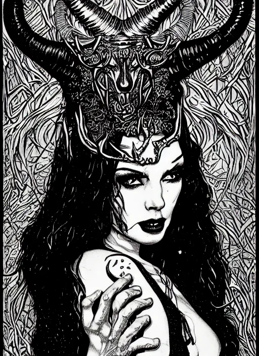 Image similar to portrait of a druid who has pouty lips and horns growing out of her head, D&D, fantasy pen and ink by virgil finlay, trending on artstation, HD, intricate, masterpiece, concept art, character design