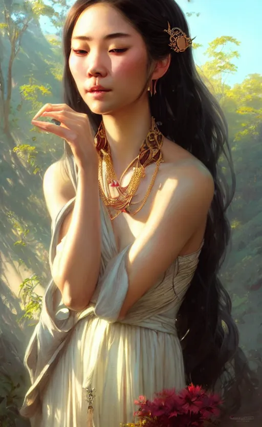 Image similar to a beautiful taiwan goddess with sundress with jewelry | | winter, realistic shaded, unpleasant face, good looking, fine details, realistic shaded lighting poster by greg rutkowski, magali villeneuve, artgerm, jeremy lipkin and michael garmash and macoto takahashi