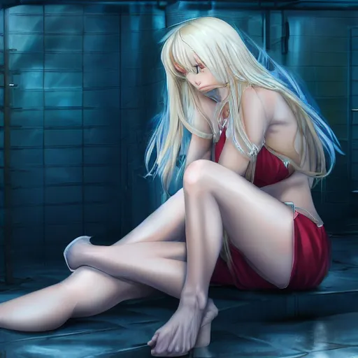 Prompt: a very beautiful young anime girl with 2 0 meters long blond hair, full body, long wavy 2 0 meters long blond hair, sky blue eyes, full round face,, bikini, miniskirt, front shot, sitting in a dark prison cell, highly detailed, cinematic wallpaper by stanley artgerm lau