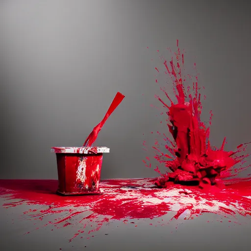 Prompt: a clean studio photography set, there is a bucket of red paint in the middle and it has just exploded, there is paint EVERYWHERE