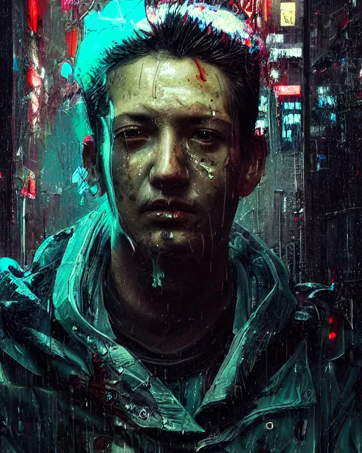 Image similar to detailed portrait, corrupt, virus, zombie, rain, cyberpunk futuristic neon, reflective puffy coat, decorated with traditional japanese ornaments by ismail inceoglu dragan bibin hans thoma greg rutkowski alexandros pyromallis nekro rene maritte illustrated, perfect face, fine details, realistic shaded, fine - face, pretty face