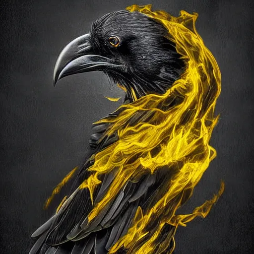 Image similar to anthropomorphic art of a raven wearing a layered yellow coat, holding a black flame, dark, moody, smooth, digital art, high detail, volumetric lighting.