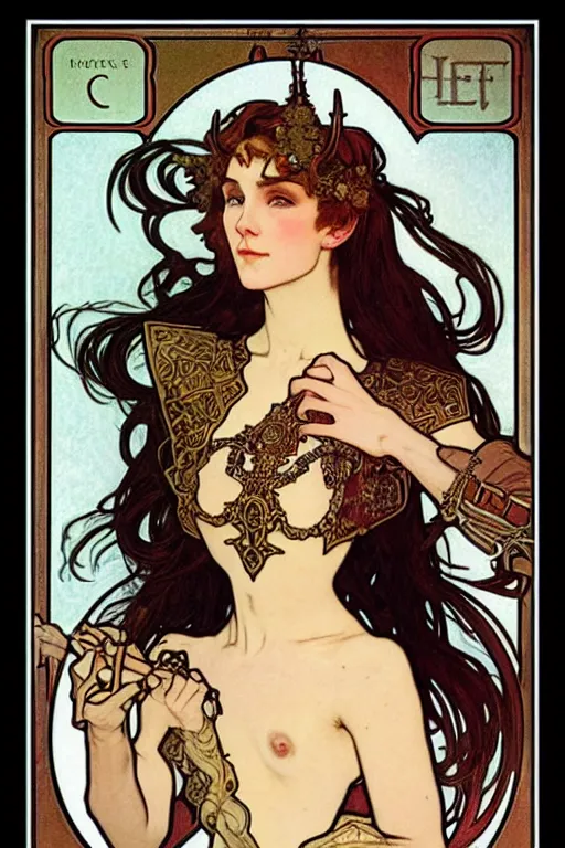 Image similar to head and shoulders portrait of an eldritch knight, elf, beautiful, female, breastplate, magical, high fantasy, d & d, by alphonse mucha, face details, extremely detailed, vogue fashion photo
