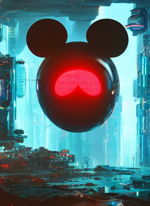 Image similar to giant destroyed cyberpunk mickey mouse head in netflix office, by beeple, golden ratio, cyberpunk, futuristic, sci - fi, octane render, unreal engine 5, trending on artstation, 8 k