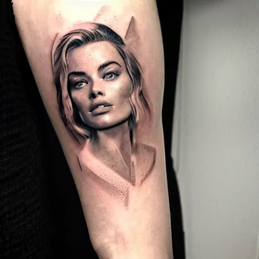 Image similar to double exposure tattoo design sketch of beautiful mountain scenery blend in margot robbie face, in the style of matteo pasqualin, amazing detail