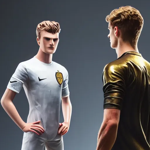 Image similar to a realistic detailed photo of a guy who is an attractive humanoid who is half robot and half humanoid, who is a male android, soccer players martin ødegaard & timo werner, shiny skin, posing like a statue, blank stare, in a factory, on display, showing off his muscles, gold soccer shorts, side view, repairing the other one