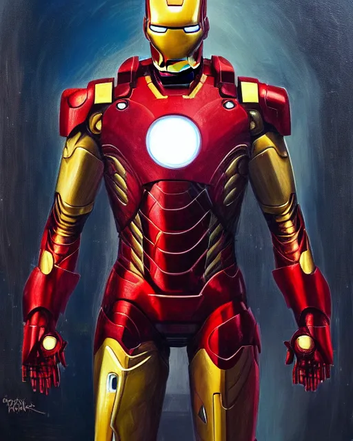 Image similar to a highly detailed portrait of Sir Patrick Stewart as Iron Man, heroic pose, by greg rutkowski and android jones in a surreal portrait style, oil on canvas, ancient cyberpunk 8k resolution, masterpiece