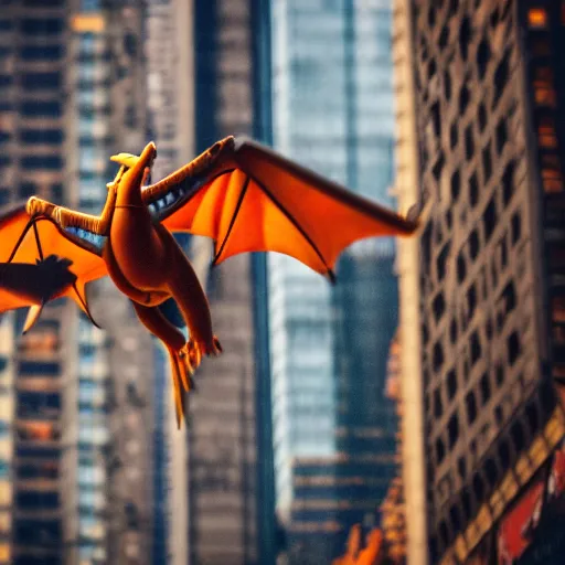 Image similar to charizard flying above new york, videogame still, portrait, 4 0 mm lens, shallow depth of field, close up, split lighting, cinematic