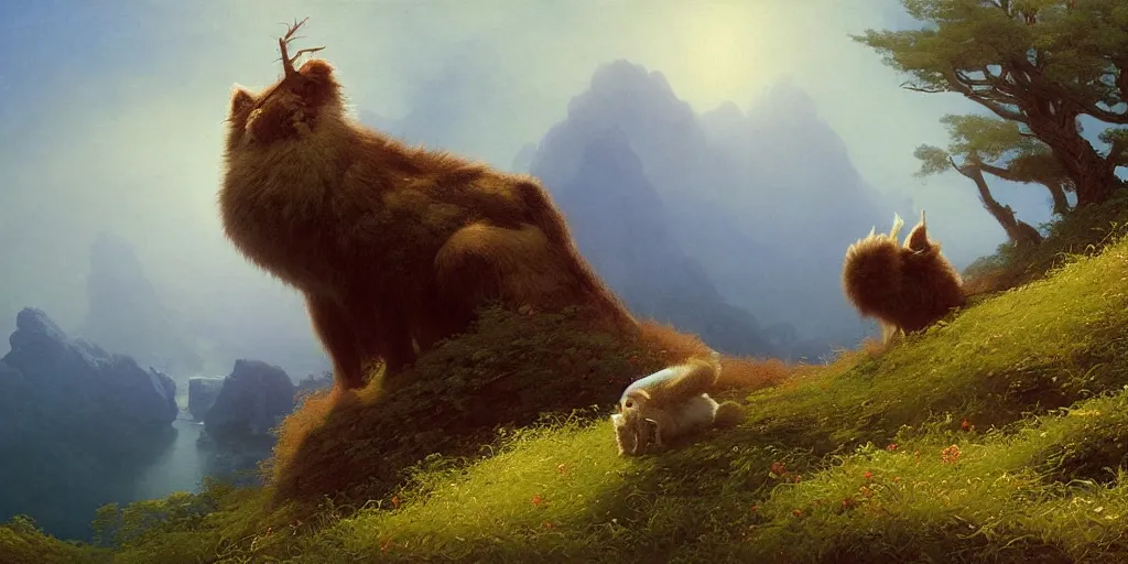 Prompt: many funny looking fuzzy creatures on a hill side, Ivan Aivazovsky, Christopher Balaskas, Noah Bradley, Albert Bierstadt, Jim Burns, Edwin Church, Frederic Thomas Cole, Brown Durand, Asher David Friedrich, Caspar James Gurney, Johnson Heade, Martin Raphael Lacoste, Ted Nasmith, Andreas Rocha, Christophe Vacher