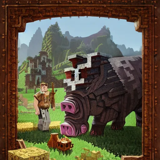 Prompt: a minecraft pig in skyrim by Stanley Artgerm Lau, greg rutkowski, thomas kindkade, alphonse mucha, loish, norman Rockwel