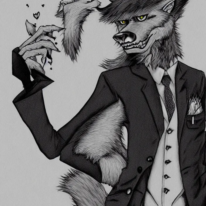 Prompt: a handsome werewolf boyfriend in a dapper suit, furry art, trending on artstation, by junji ito, 8 k