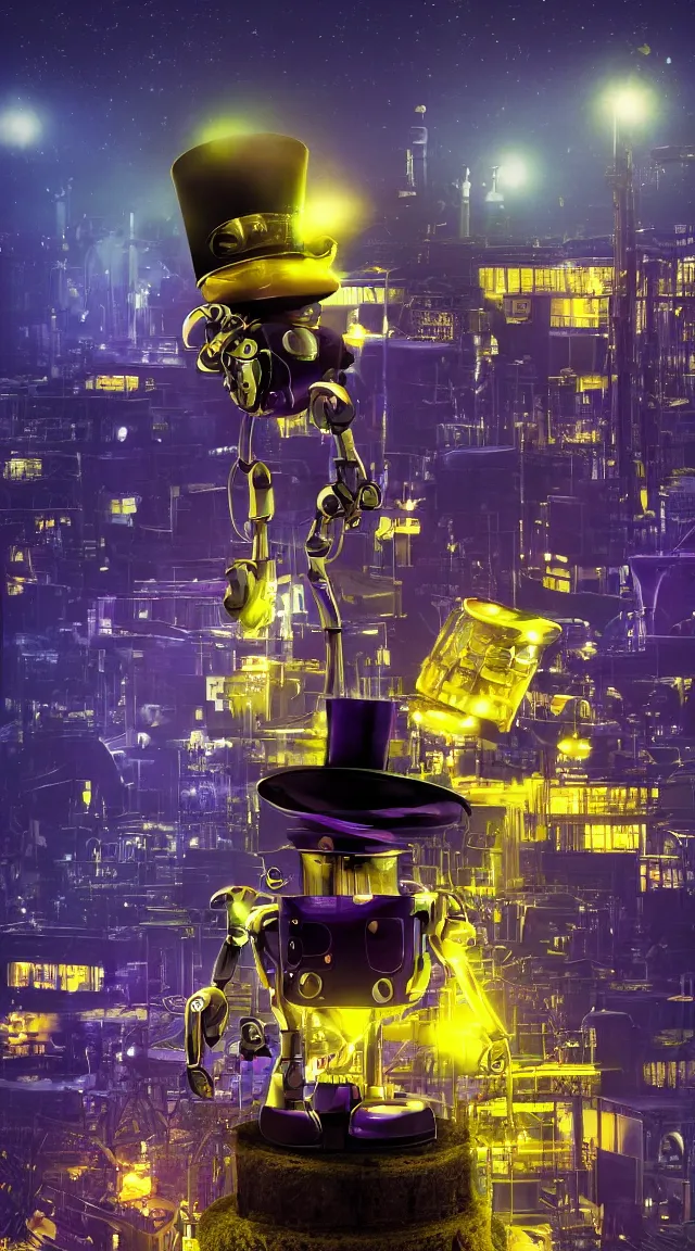 Image similar to tiny capitalist robot in the dark wearing a top hat, hrd, hyperrealistic, hyper detailed, tiny, lights, yellow, purple, blue, top hat, moustache, dusk, industrial background, factories, sky, hd, hdr, render, tall hat