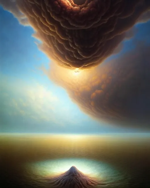 Prompt: a hyper - detailed 3 d render like an oil painting of sky giving birth to land, surrealism!!!!! surreal concept art, lifelike, photorealistic, digital painting, aesthetic, smooth, sharp focus, artstation hd, by greg rutkowski, bruce pennington, valentina remenar, rhads, asher duran,