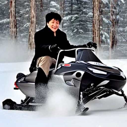 Image similar to jackie chan on a snowmobile