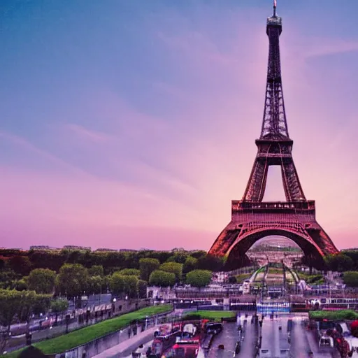 Prompt: photo of the eiffel tower at sunset with chinese tourists everywhere - chinese writing signs on tower - comic book style