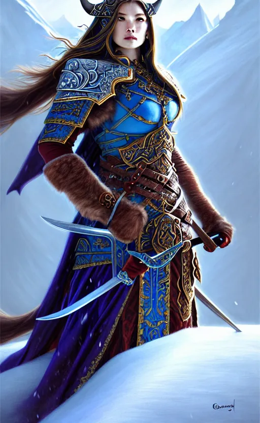 Image similar to azure viking warrior, regal, elegant, winter, snow, beautiful, stunning, hd, illustration, epic, d & d, fantasy, intricate, elegant, highly detailed, wide angle, digital painting, artstation, concept art, smooth, sharp focus, illustration, wallpaper, art by artgerm and greg rutkowski and alphonse mucha and jin xiaodi