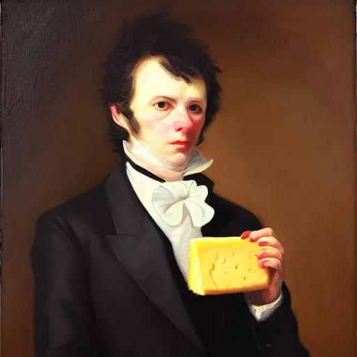 Prompt: portrait of a cat wearing a black suit jacket and holding a piece of cheese, tan vest, and white ascot, an american romanticism painting, a portrait painting, cgsociety, soft focus, oil on canvas