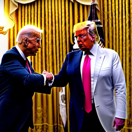 Image similar to joe biden handshakes donald trump ultra realistic, lens flare, atmosphere, glow, detailed, intricate, full of colour, cinematic lighting, trending on artstation, 4 k, hyperrealistic, focused, extreme details, unreal engine 5, cinematic, masterpiece, ultra realistic, hyper realistic, highly detailed, sharp focus, digital art