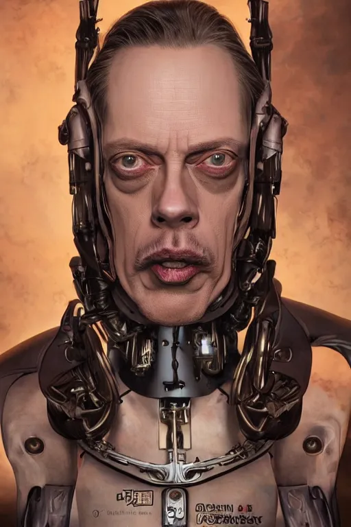 Prompt: wow! 3 / 4 stunning photorealistic portrait of steve buscemi in a kowloon cyberpunk cityscape, biomechanical bodysuit, oppai proportions, acid rain, dark fantasy by artgerm and clay mann and sorayama and alphonse mucha, very realistic, hyperdetailed, trending on artstation, octane render