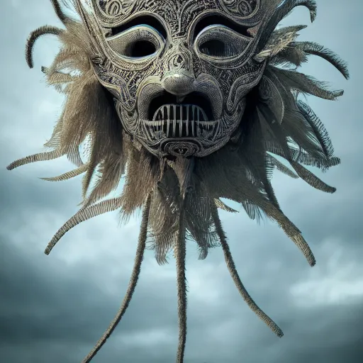 Prompt: an elaborate intricate mask made of wind caught is a cloud vortex, rendered in octane, behance hd, bokeh backdrop