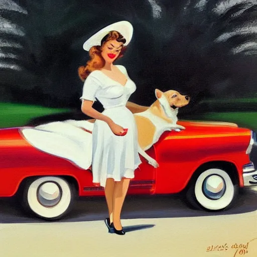 Image similar to a pin up driving with her white dog and big hat, award winning, 1 9 5 0 s painting