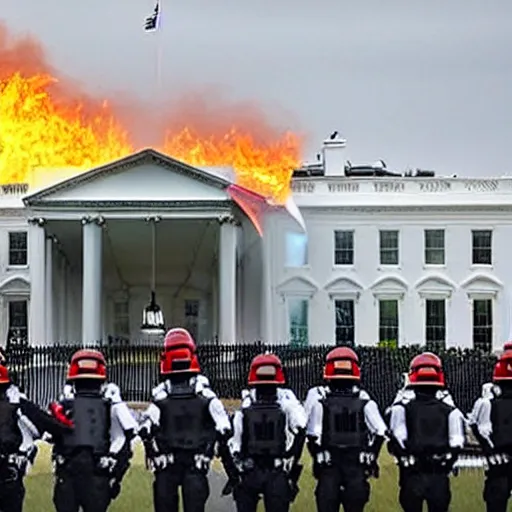 Image similar to a still of hundreds of stormtropers rioting in front of a the white house in washington.!!!, flaming torches and pitchforks