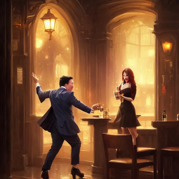 Prompt: michael mcintyre leaving a bar with with a singing waitress, elegant, real life skin, intricate artwork, high detailed, artstation, concept art, smooth, sharp focus, art by artgerm and greg rutkowski