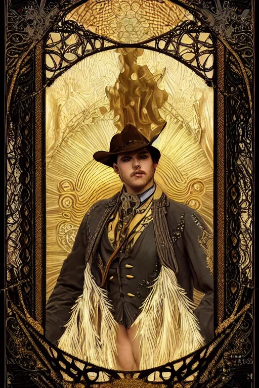 Prompt: a dramatic ethereal epic symmetrical painting of a handsome cowboy in beautiful outfit with a metallic gold trim | tarot card, art deco, art nouveau, (steampunk), homoerotic, realistic, intricate, detailed face | Alphonse Mucha | trending on artstation