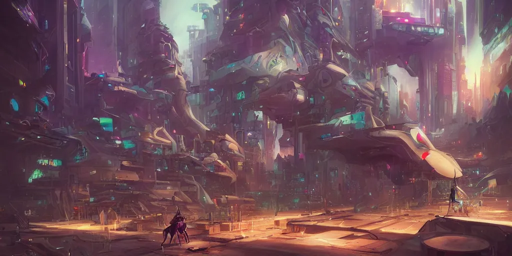 Image similar to unicorn in a futuristic cyberpunk town. By Peter Mohrbacher, highly detailed