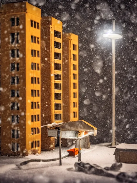 Image similar to detailed miniature diorama a soviet residential building, brutalism architecture, warm lights are on in the windows, man lies in the snow, dark night, fog, winter, blizzard, cozy and peaceful atmosphere, row of street lamps with warm orange light, several birches nearby