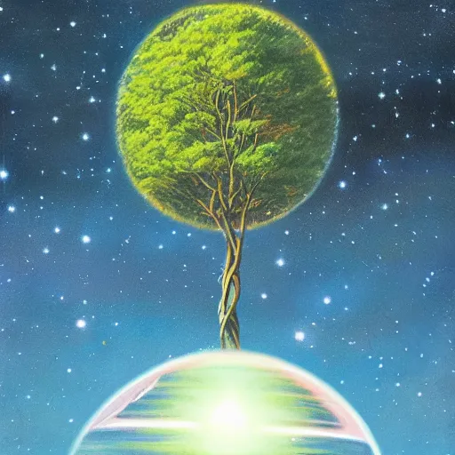 Image similar to a tree growing from a round crystal formation floating in space, by vincent di fate