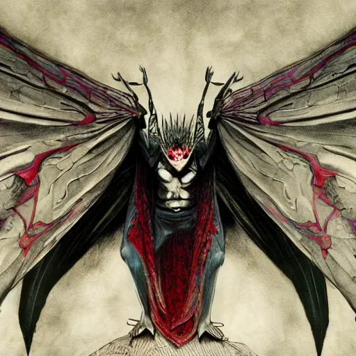 Image similar to 4K headshot of mothman holding something and bloody clothes with giant wings , intricate face , flawless anime cel animation by Kentaro Miura,psychedelic , highly detailed upper body , professionally post-processed , beautiful, scary, symmetry accurate features, epic, octane rendered, anime masterpiece, accurate