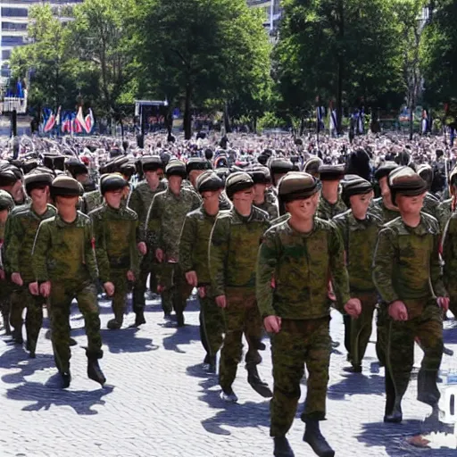 Prompt: army march in infinitia square in front of infinian de gowyernmentıa in government center during mother's day, anime