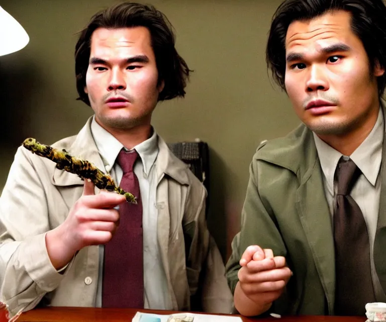 Image similar to hyperralism pineapple express ( 2 0 0 8 ) movie still photography of realistic detailed north korean kim chen with detailed face smoking reviewing detailed weed bush in detailed basement bedroom ultra violet light