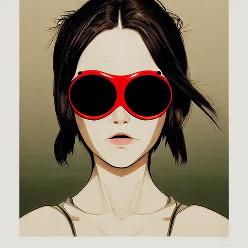 Image similar to face of a beautiful girl wearing goggles, olive skin, symmetrical, ilya kuvshinov, jamie hewlett, yoji shinkawa, muted colors, portrait, beautiful detailed illustration, 17th century oil painting, flat colors, studio ghibli, cel shading,