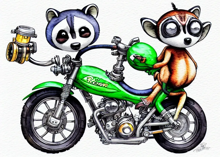 Image similar to cute and funny, racoon riding in a tiny sport motorcycle with oversized engine, ratfink style by ed roth, centered award winning watercolor pen illustration, isometric illustration by chihiro iwasaki, edited by range murata, tiny details by artgerm and watercolor girl, symmetrically isometrically centered