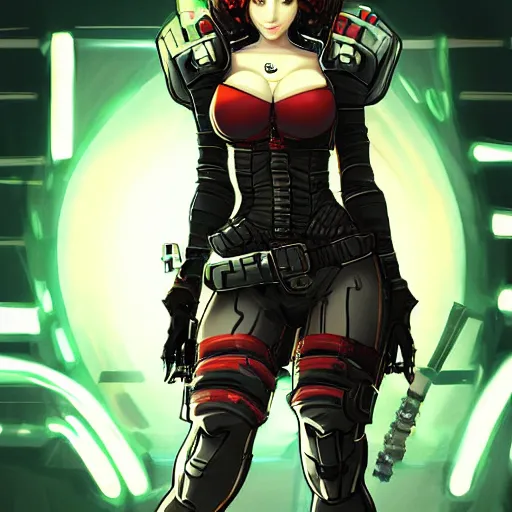 Prompt: full body Sakimichan illustration of christina hendricks as a cyberpunk warrior with weapons by Sakimichan trending on Deviantart