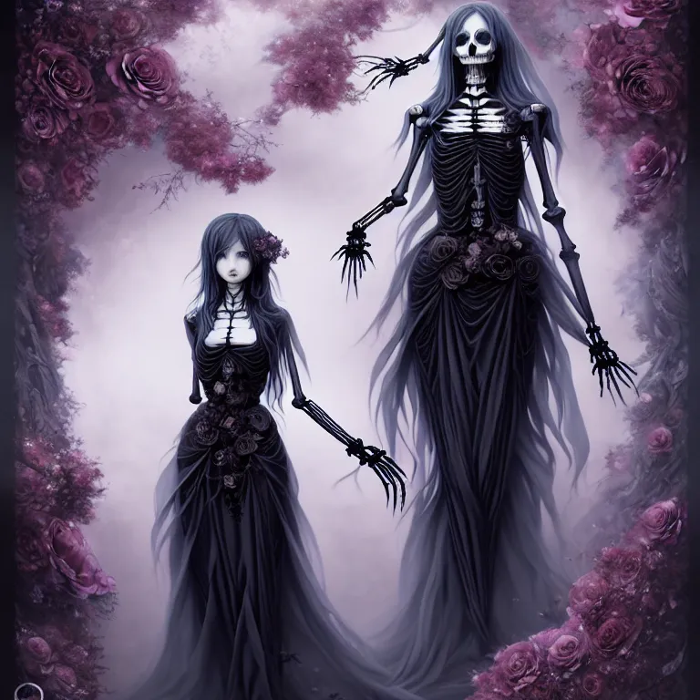 Image similar to stunning anime goddess hybrid skeleton of the floral river flowers, beautiful gothic dress in a dark romance, misty, by cgsociety, in the style of charlie bowater, tom bagshaw, intricate, beautiful, artstation 8 k, high resolutionsparkling atom fractals of jewls cords, by alex grey and hr giger