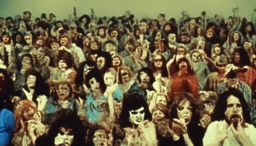 Image similar to 7 0 s film still from a horror movie of the price is right audience filled with zombies, kodachrome, cinecolor, cinestill, photorealism, cinematic, film grain, film texture, vhs recording