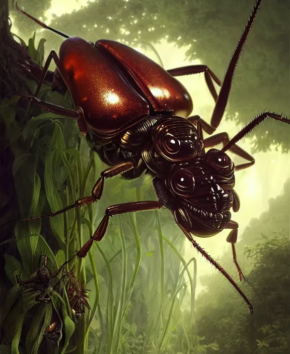 Image similar to intricate portrait of a scary alien insect creature, adorable, childlike, overgrown environment, ultra realistic, concept art, maximalist, photorealistic, octane render, 8 k, unreal engine. art by christopher marley and artgerm and greg rutkowski and alphonse mucha