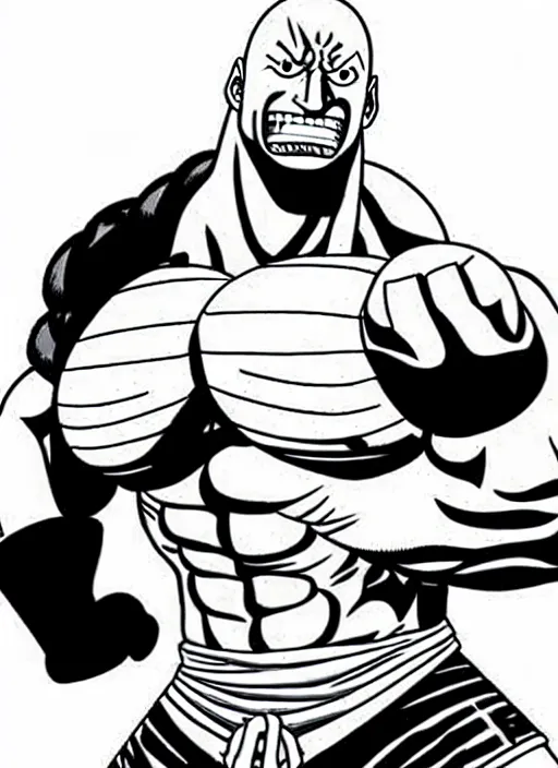 Image similar to dwayne johnson as origin character in one piece manga, sketch by eiichiro oda