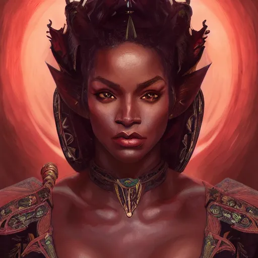 Image similar to portrait of a beautiful blackwomen devil warrior MTG iluustration, demon hunter ,intricate, headshot, highly detailed, digital painting, artstation, concept art, cinematic lighting, illustration, art by artgerm and greg rutkowski, alphonse mucha, cgsociety, science fiction