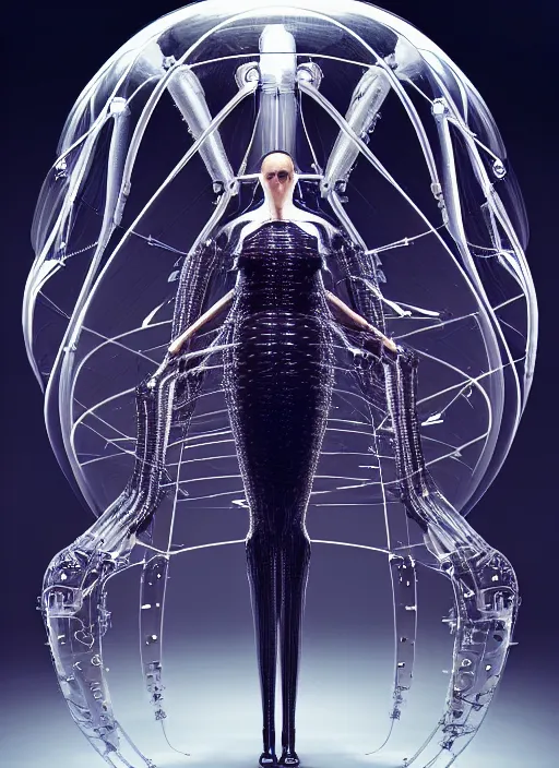 Prompt: background space station, dark inflateble dress iris van herpen positing on floor, elegant helmet instead of a head, perfect symmetrical, full body shot, inflateble shapes, wires, tubes, veins, jellyfish, white biomechanical details, wearing epic bionic implants, masterpiece, intricate, biopunk, vogue, highly detailed, artstation, concept art