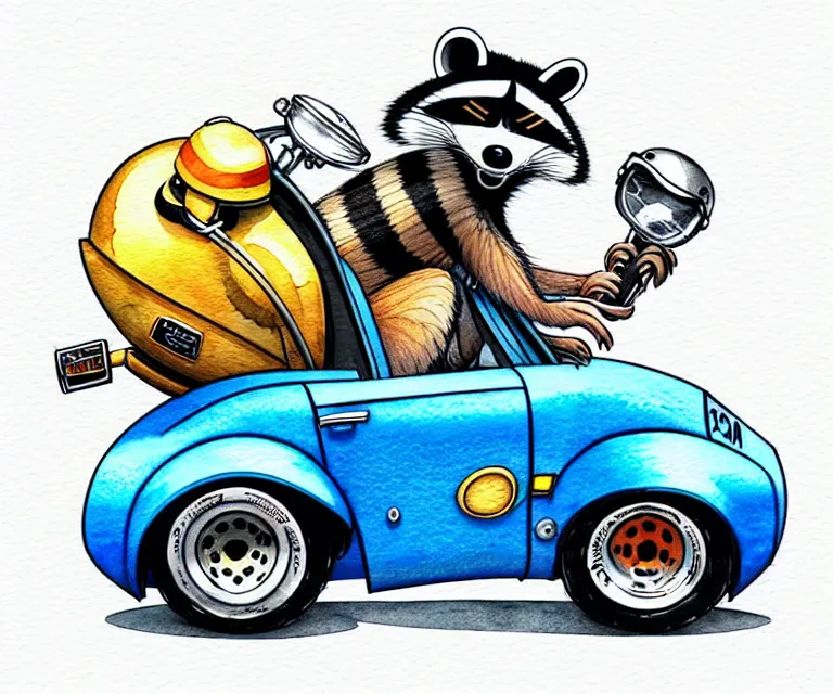 Image similar to cute and funny, racoon wearing a helmet riding in a tiny hot rod 2 0 0 2 plymouth prowler with oversized engine, ratfink style by ed roth, centered award winning watercolor pen illustration, isometric illustration by chihiro iwasaki, edited by range murata, details by artgerm