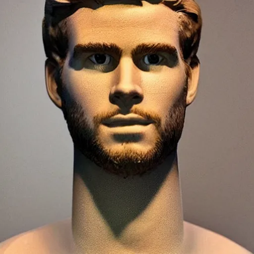 Image similar to “ a realistic detailed photo of a guy who is an attractive humanoid who is half robot and half humanoid, who is a male android, actor liam hemsworth, shiny skin, posing like a statue, blank stare, at the museum, on display ”