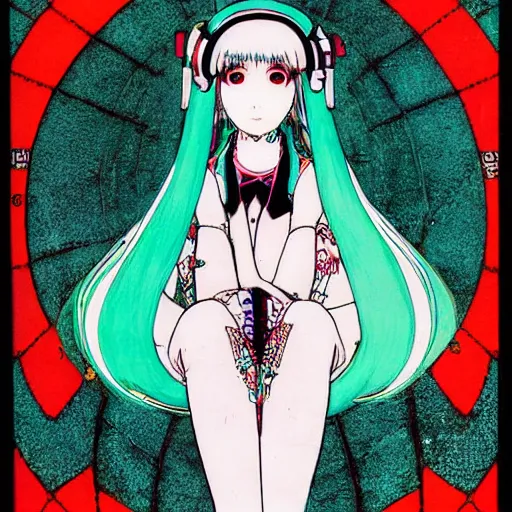 Prompt: hatsune miku, artwork by Harry Clarke