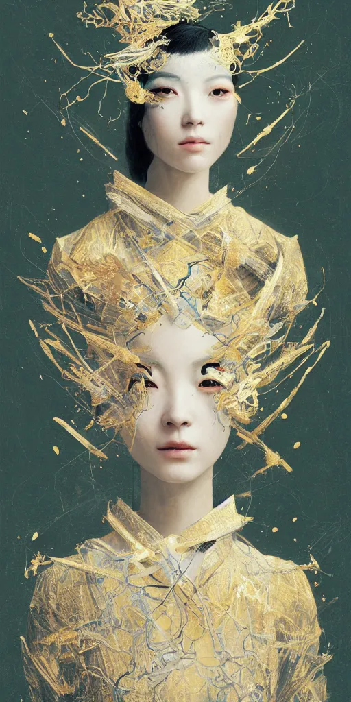 Prompt: portrait of a futuristic intergalactic geisha, kintsugi, fractal, intricate, elegant, highly detailed, digital photography, subsurface scattering, by jheronimus bosch and greg rutkowski,