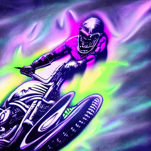 Image similar to psychedelic blacklight airbrush artwork, hyper stylized action shot of an orc biker riding a motorcycle, clear focused details, radical 9 0 s, soft airbrushed edges and gradients on a black background