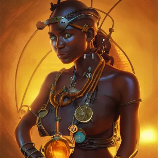 Image similar to african steampunk alchemist, science fiction, highly detailed, digital painting, beautiful eyes, symmetry, concept art, sharp focus, illustration, global illumination, radiant light, detailed and intricate environment, art by artgerm and greg rutkowski and magali villeneuve and ilya kuvshinov!